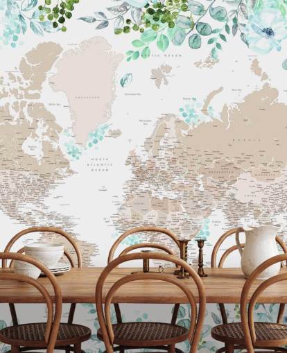 papel pintado con marco de mapa del mundo de color beige y marrón rodeado de vegetación