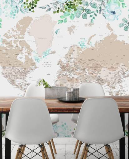 papel pintado con marco de mapa del mundo de color beige y marrón rodeado de vegetación