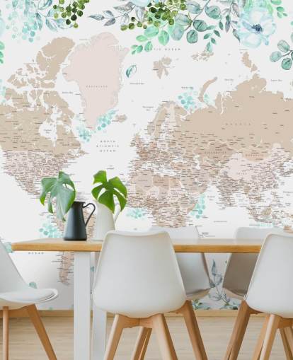 beige and brown world map surrounded by greenery frame wallpaper