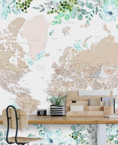 mapa-múndi bege e marrom cercado por papel de parede com moldura de vegetação