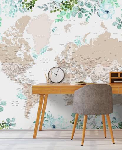 beige and brown world map surrounded by greenery frame wallpaper