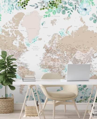 beige en bruine wereldkaart omgeven door groen kaderbehang beige en bruine wereldkaart omgeven door groen kaderbehang