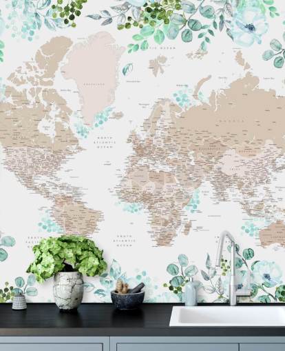 papel pintado con marco de mapa del mundo de color beige y marrón rodeado de vegetación papel pintado con marco de mapa del mundo de color beige y marrón rodeado de vegetación