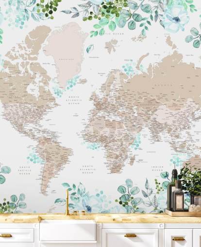beige and brown world map surrounded by greenery frame wallpaper