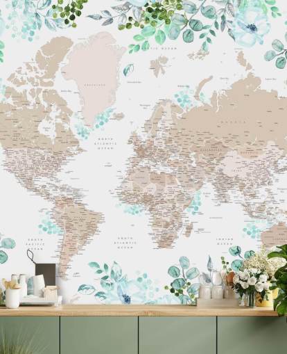 papel pintado con marco de mapa del mundo de color beige y marrón rodeado de vegetación papel pintado con marco de mapa del mundo de color beige y marrón rodeado de vegetación