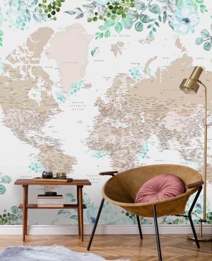 papel pintado con marco de mapa del mundo de color beige y marrón rodeado de vegetación