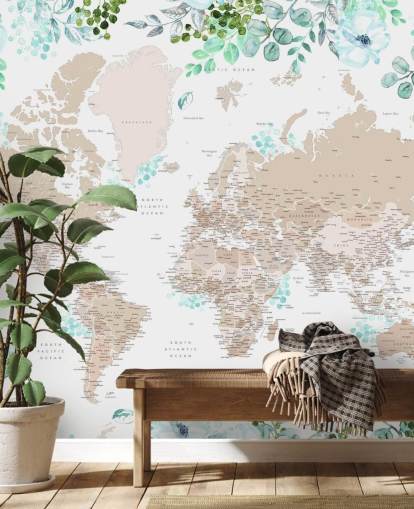 beige en bruine wereldkaart omgeven door groen kaderbehang