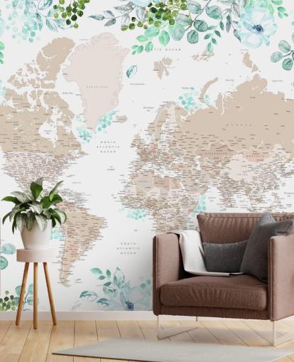 beige and brown world map surrounded by greenery frame wallpaper