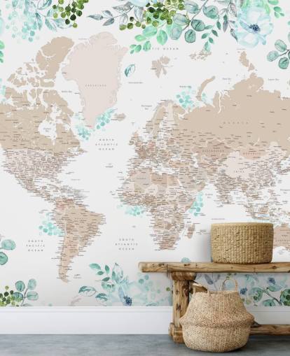 carta da parati con mappa del mondo beige e marrone circondata dal verde