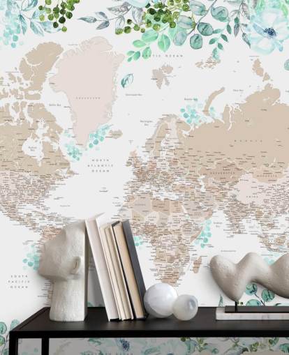 papier peint avec cadre de carte du monde beige et marron entourée de verdure