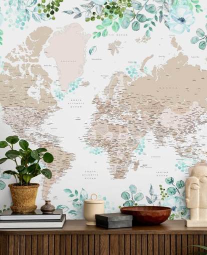 carta da parati con mappa del mondo beige e marrone circondata dal verde