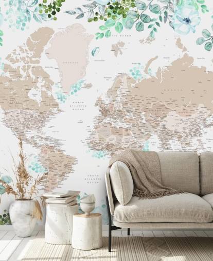 papel pintado con marco de mapa del mundo de color beige y marrón rodeado de vegetación