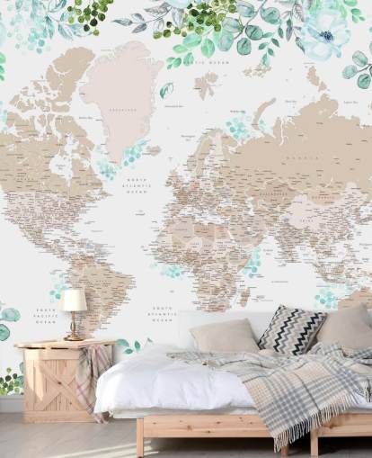 papel pintado con marco de mapa del mundo de color beige y marrón rodeado de vegetación