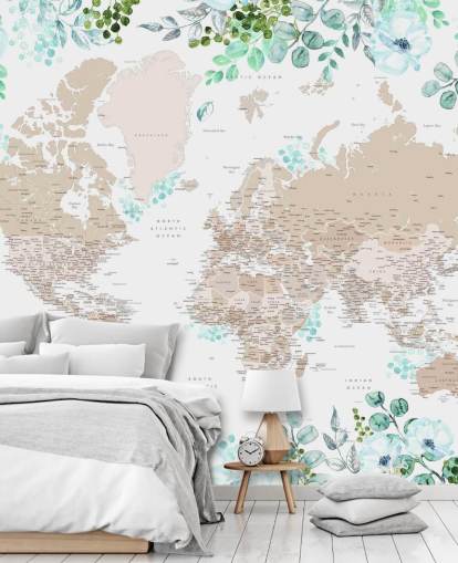 papel pintado con marco de mapa del mundo de color beige y marrón rodeado de vegetación