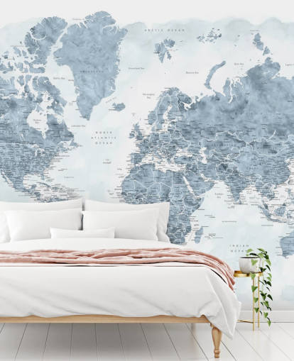 papel pintado mapamundi gris y blanco
