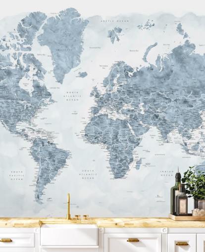 papel pintado mapamundi gris y blanco