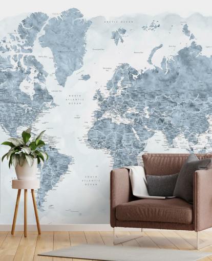 papel pintado mapamundi gris y blanco