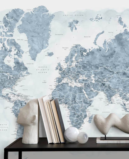 papel pintado mapamundi gris y blanco