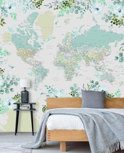 papier peint carte florale bleu sarcelle, vert et blanc