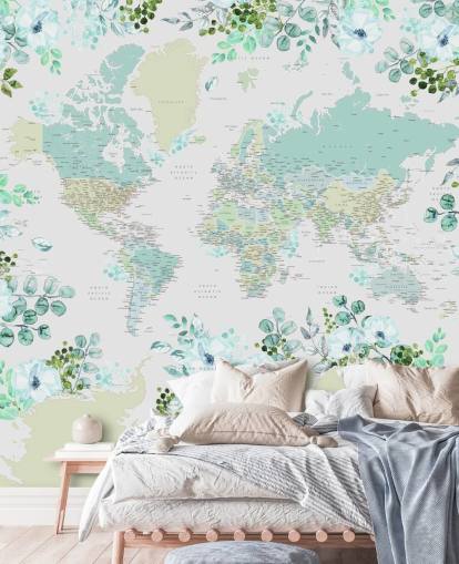 papel pintado de mapa floral verde azulado, verde y blanco
