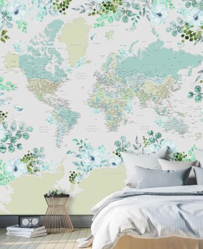 teal, green and white floral map wallpaper