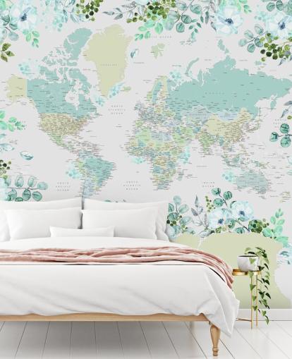 teal, green and white floral map wallpaper