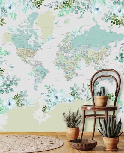teal, green and white floral map wallpaper