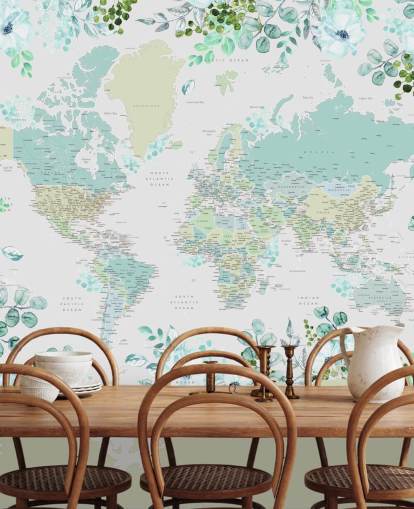 teal, green and white floral map wallpaper