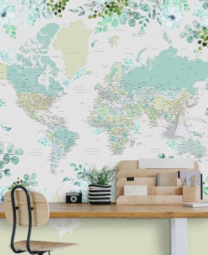 papel pintado de mapa floral verde azulado, verde y blanco