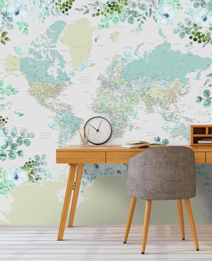 papel pintado de mapa floral verde azulado, verde y blanco papel pintado de mapa floral verde azulado, verde y blanco