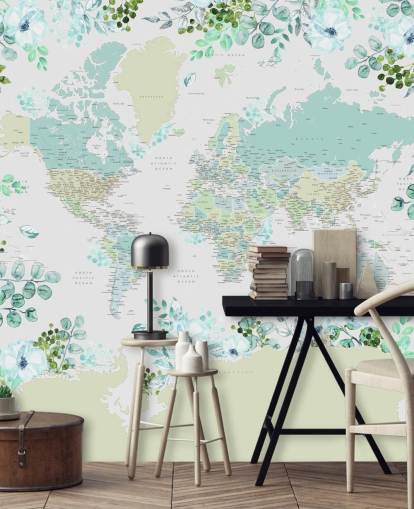 teal, green and white floral map wallpaper