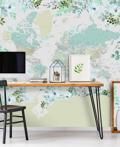 papel pintado de mapa floral verde azulado, verde y blanco