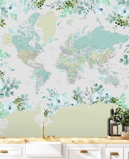 papel pintado de mapa floral verde azulado, verde y blanco