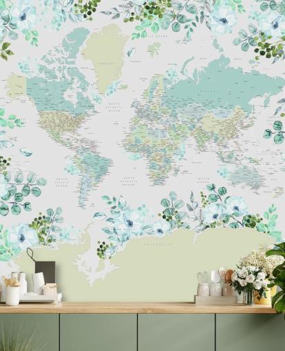 groenblauw, groen en wit bloemenkaart behang