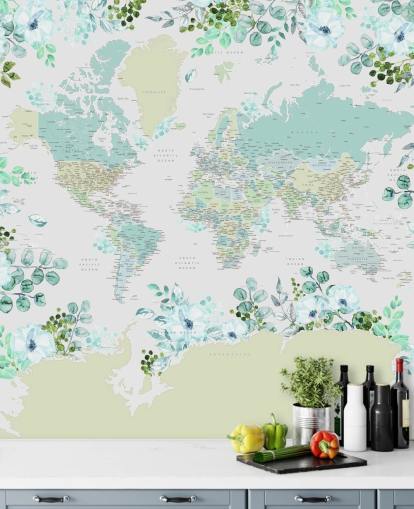 teal, green and white floral map wallpaper
