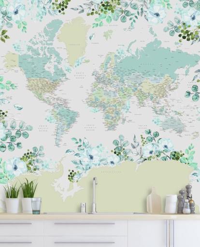 teal, green and white floral map wallpaper