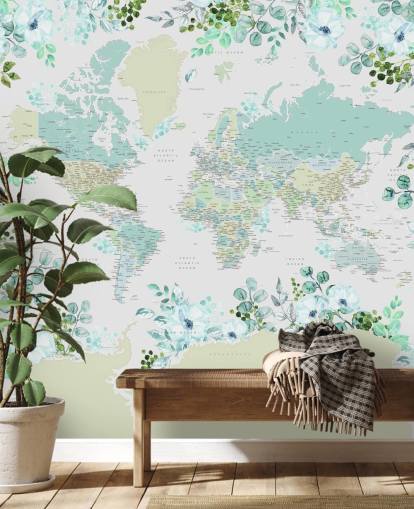 teal, green and white floral map wallpaper