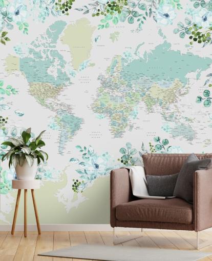 papier peint carte florale bleu sarcelle, vert et blanc