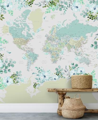 teal, green and white floral map wallpaper