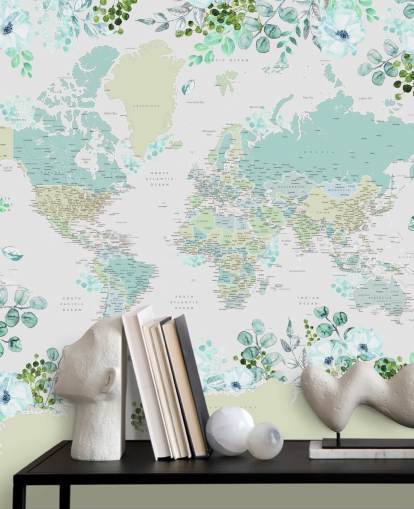 teal, green and white floral map wallpaper