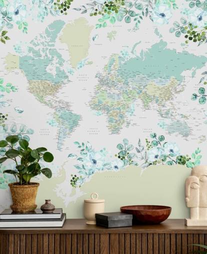 papel pintado de mapa floral verde azulado, verde y blanco