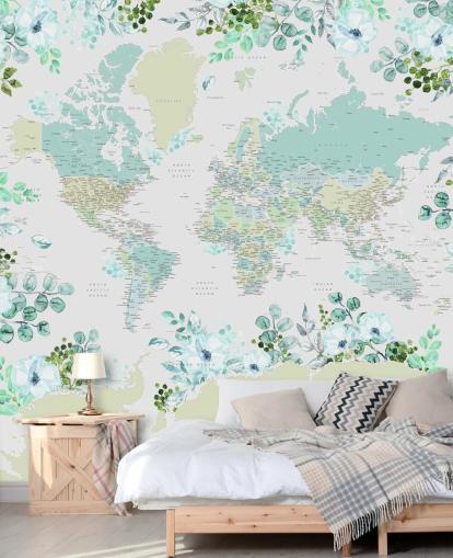 teal, green and white floral map wallpaper