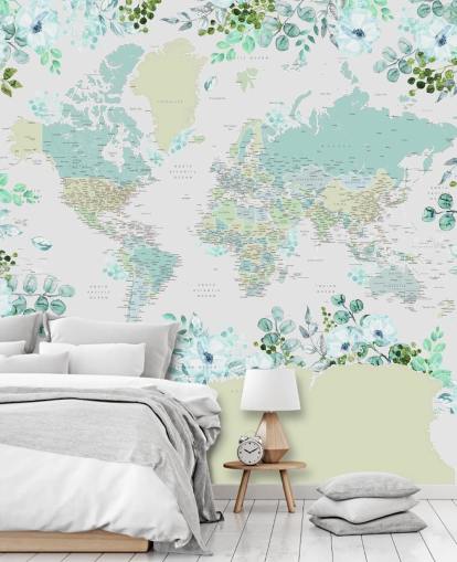 carta da parati con mappa floreale verde acqua, verde e bianco carta da parati con mappa floreale verde acqua, verde e bianco