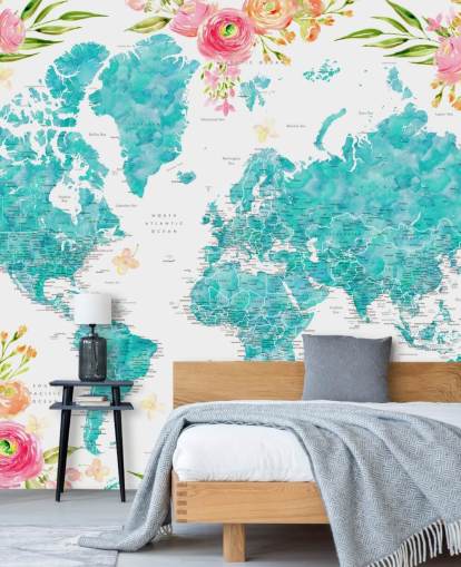 fondo de pantalla ilustrado con borde de flores rosas alrededor del mapa mundial verde azulado