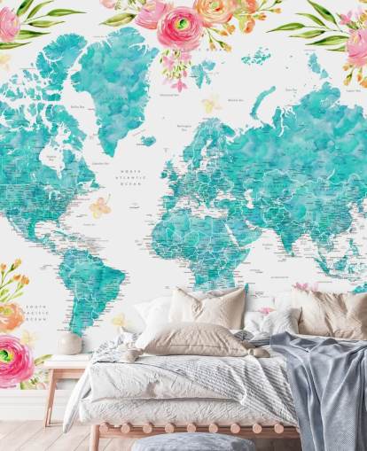 fondo de pantalla ilustrado con borde de flores rosas alrededor del mapa mundial verde azulado