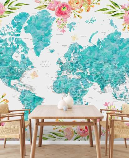 fondo de pantalla ilustrado con borde de flores rosas alrededor del mapa mundial verde azulado