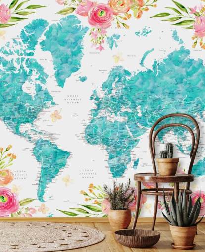 geïllustreerde roze bloemenrand rond blauwgroen wereldkaartbehang