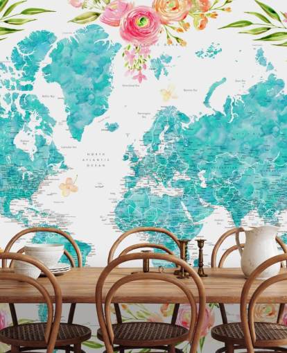 illustrated pink flower border around teal world map wallpaper