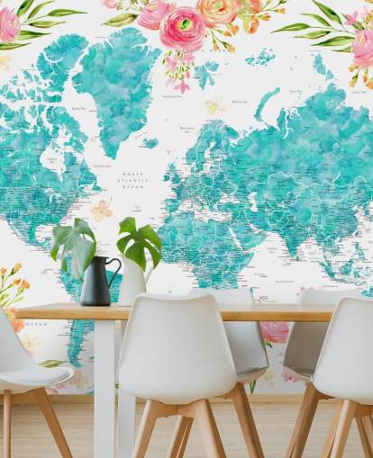 fondo de pantalla ilustrado con borde de flores rosas alrededor del mapa mundial verde azulado