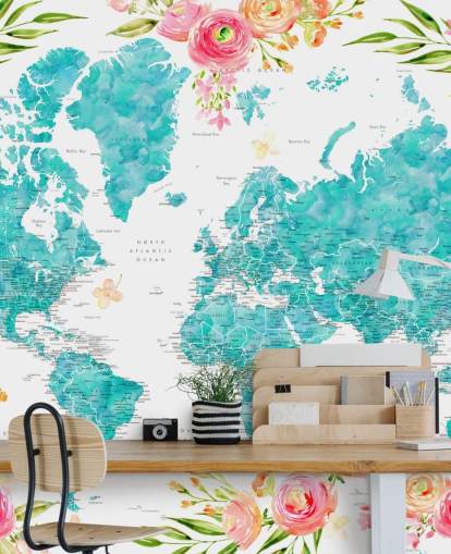 fondo de pantalla ilustrado con borde de flores rosas alrededor del mapa mundial verde azulado